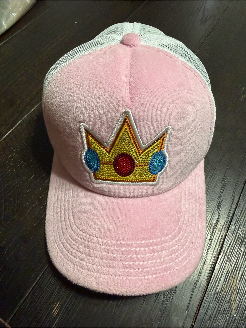 Super Mario Bros Princess Peach Rhinestone Crown Pink Trucker Hat